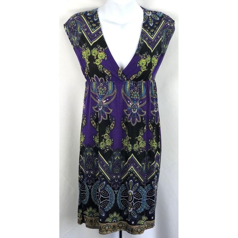 Vintage Surplice Empire Dress S Purple Psychedelic Deep V-Neck stretch Hippie